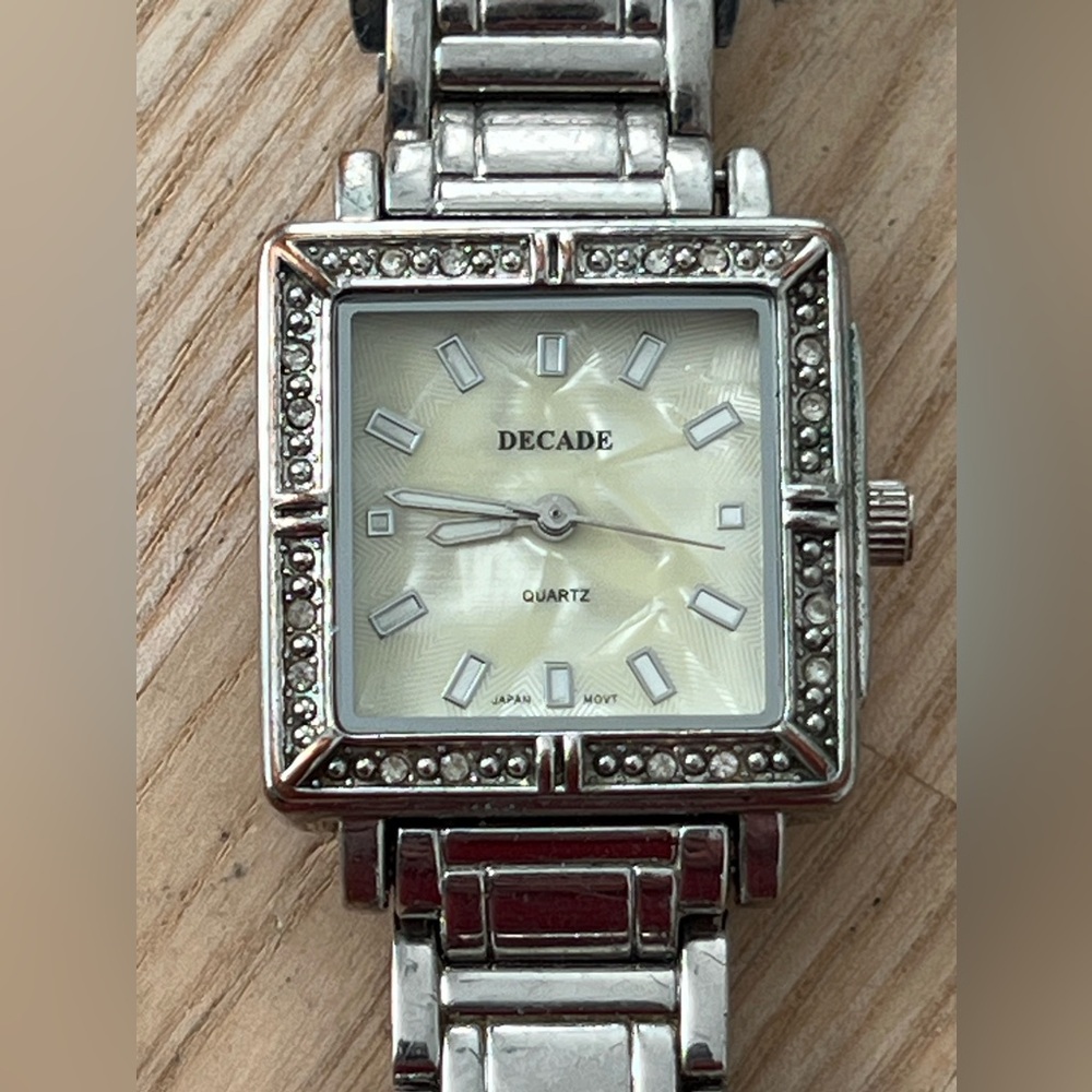 Decade Pearl and Crystal Ladies Watch Square Dial Metal Bracelet